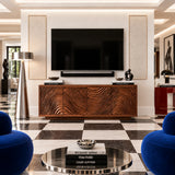 Minimal console for TV in natural solid wood with carved fronts and storage space
