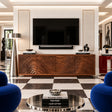 TV stand in natural solid wood with carved wave doors and walnut tone finish style
