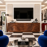 TV stand in natural solid wood with carved wave doors and walnut tone finish style