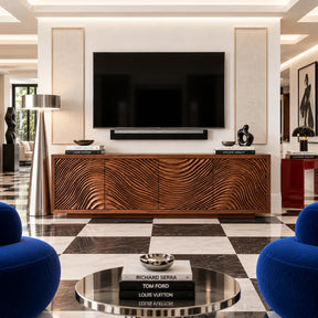 TV stand in natural solid wood with carved wave doors and walnut tone finish style