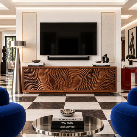TV stand in natural solid wood with carved wave doors and walnut tone finish style