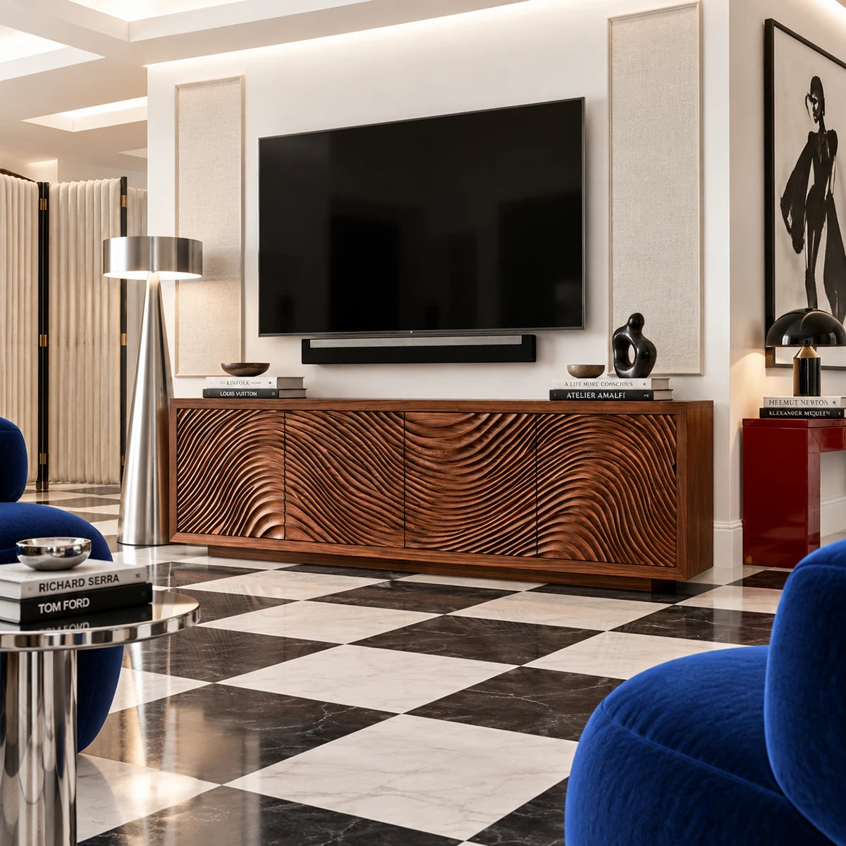 Elegant entertainment center in natural solid wood with carved panels below storage