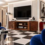 Textured media cabinet in natural solid wood with four doors and walnut tone finish