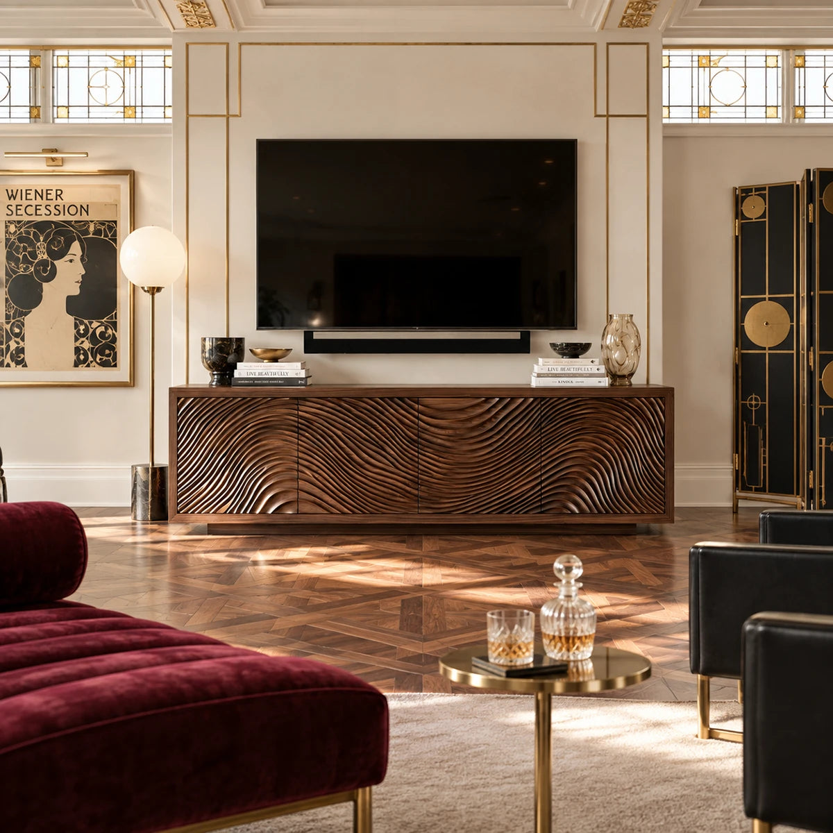 A living room TV stand in natural solid wood with sculpted fronts and storage style