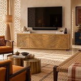 Designed as a TV stand with storage, natural solid wood and carved wave doors style