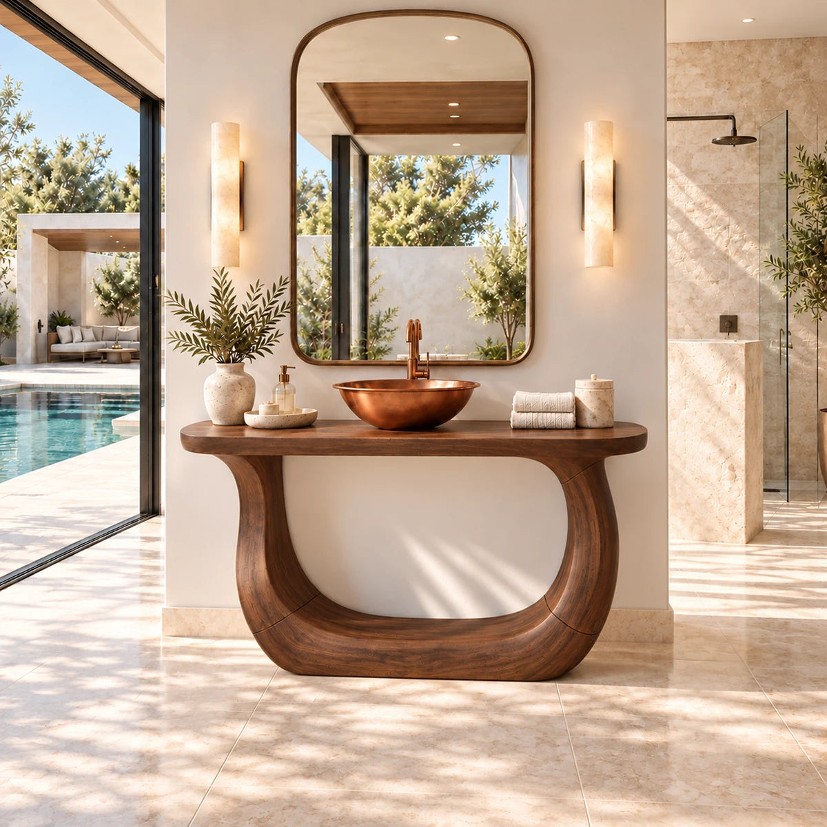 Natural solid wood bathroom vanity with artistic support frame and spacious open interior