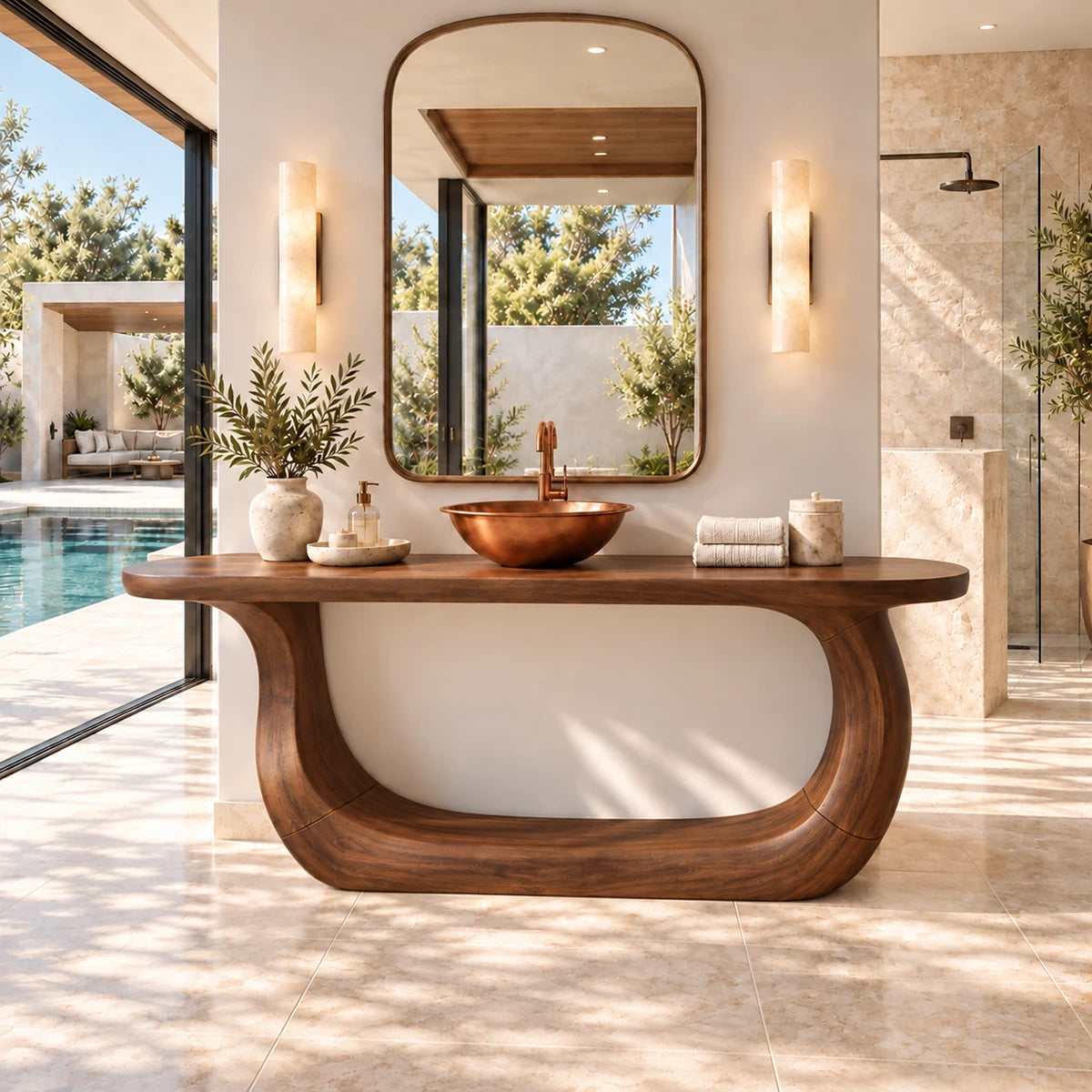 Refined vanity furniture in natural solid wood with flowing supports and clean profile