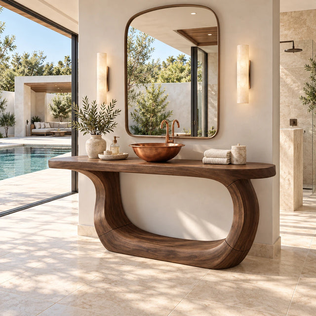 Sculptural bathroom vanity in natural solid wood with open arch base and curved frame