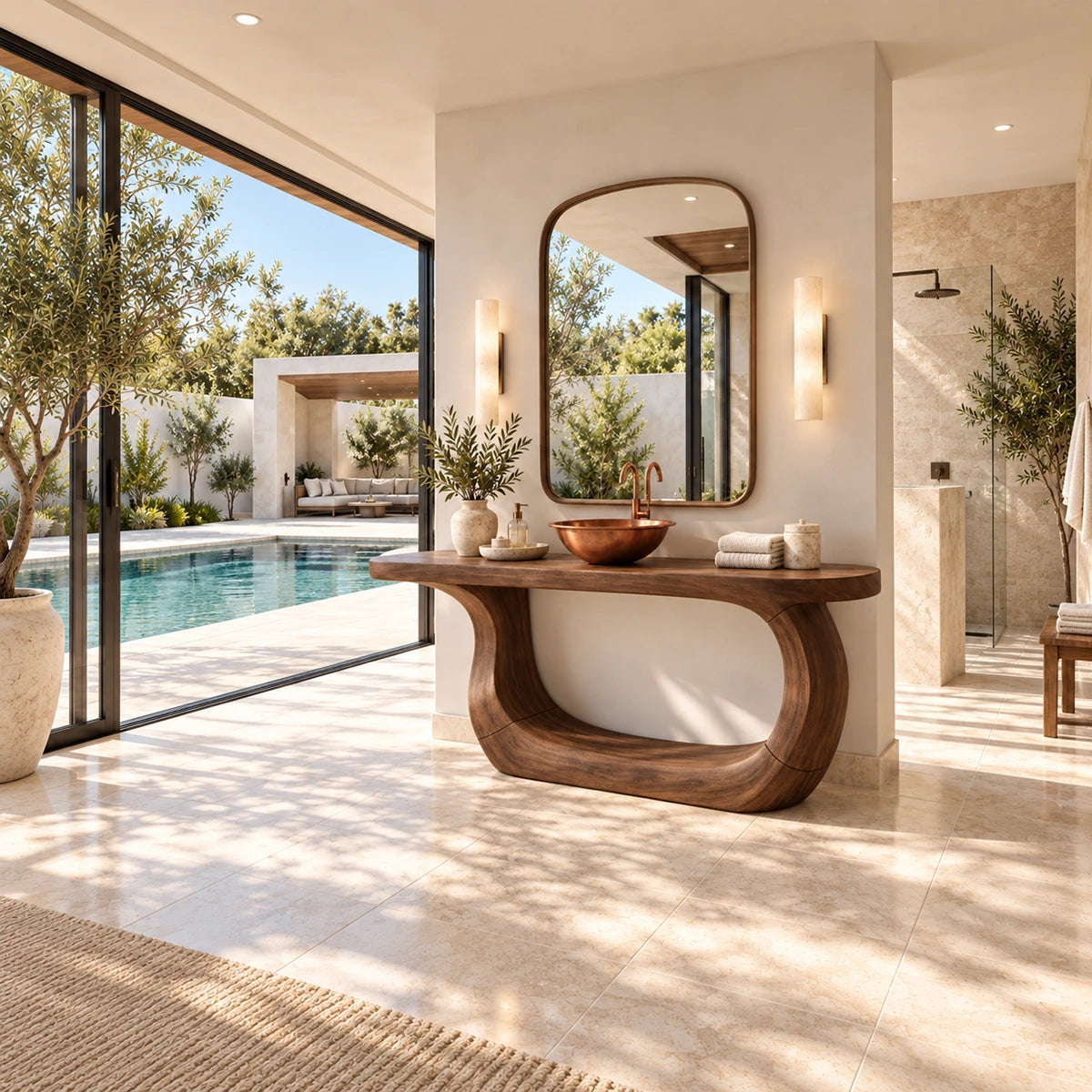 Curved bath console in natural solid wood with bold open center and rounded side supports