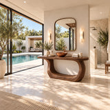 Curved bath console in natural solid wood with bold open center and rounded side supports