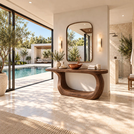 Curved bath console in natural solid wood with bold open center and rounded side supports