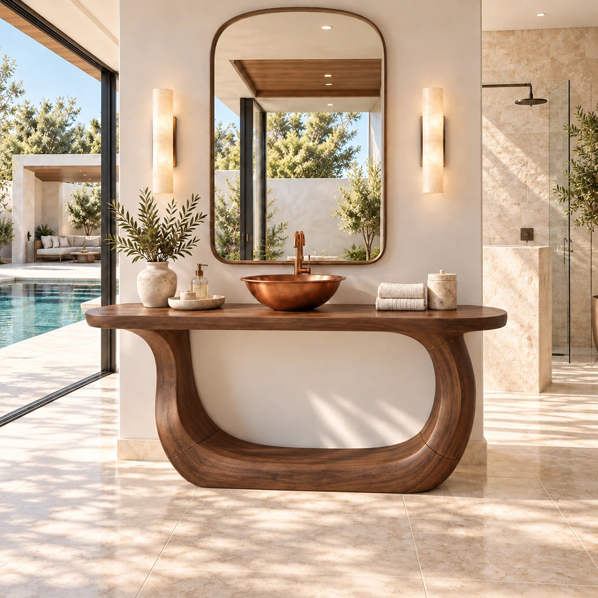 Architectural vanity furniture in natural solid wood with sweeping U shaped support form