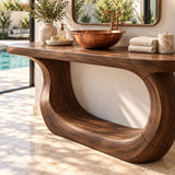 Organic modern bath vanity in natural solid wood with fluid curves and open base design