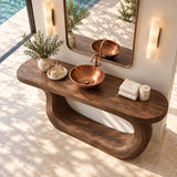 Statement bath vanity in natural solid wood with sculpted legs and generous open center