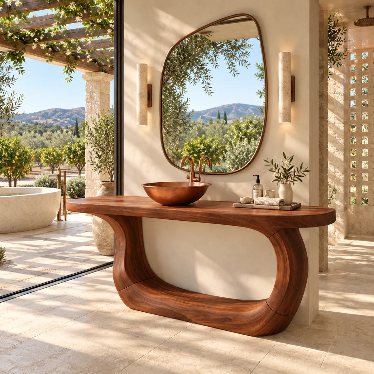 Designer bathroom console in natural solid wood with arched support and softened corners