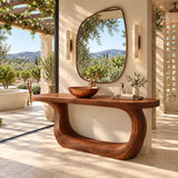 Designer bathroom console in natural solid wood with arched support and softened corners