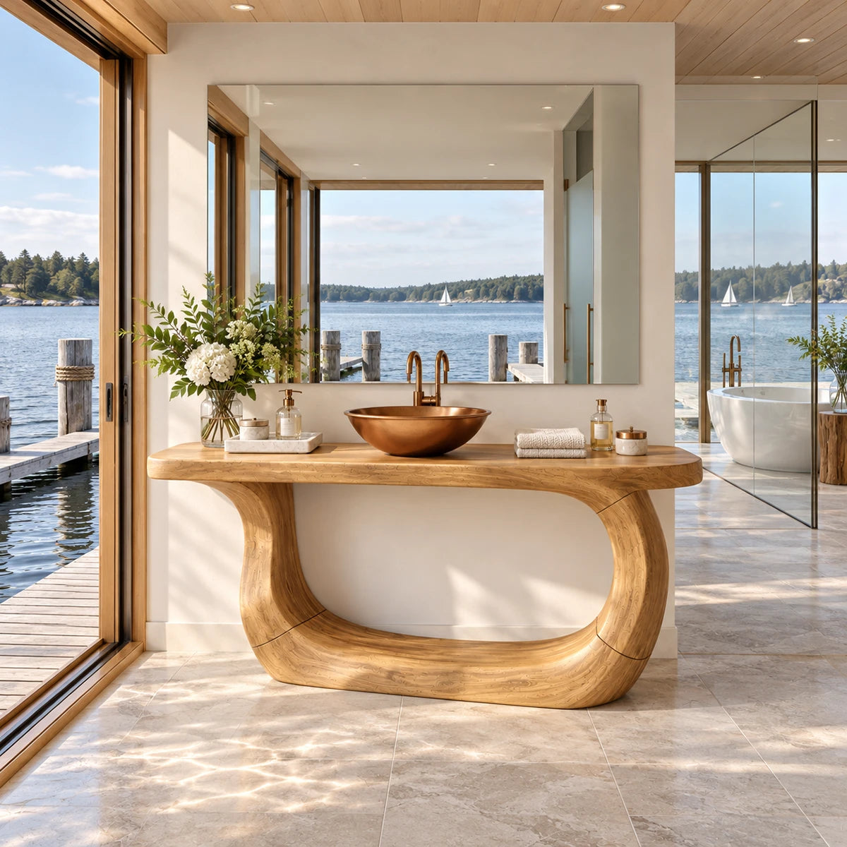 Minimalist vanity table in natural solid wood with open floor space and curved foundation