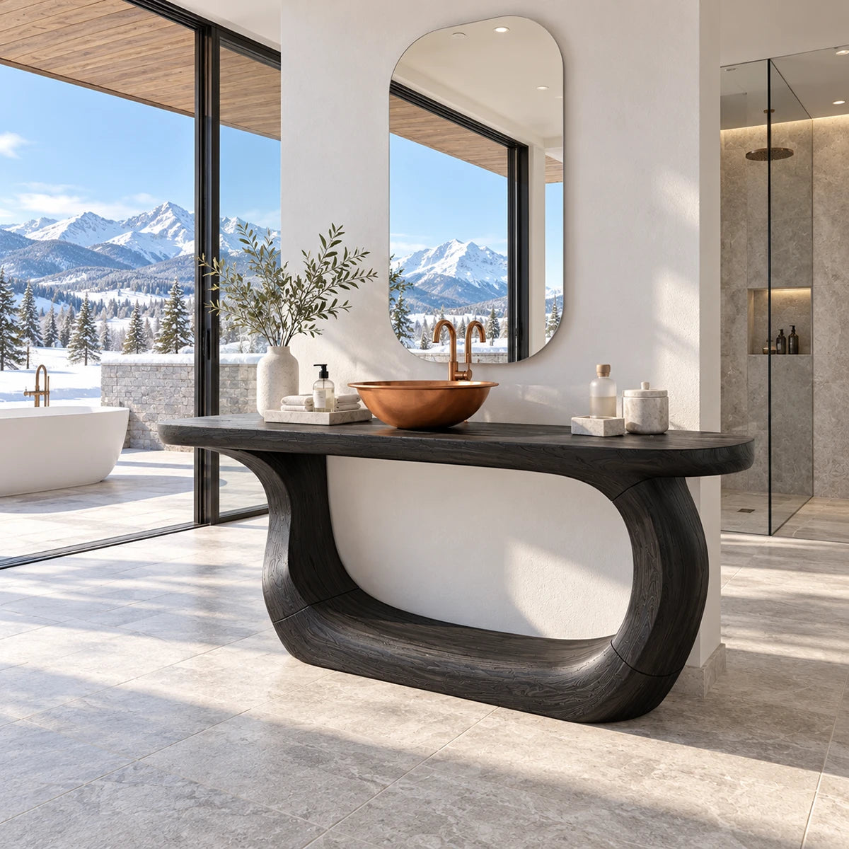 Gallery style bath furniture in natural solid wood with continuous rounded frame