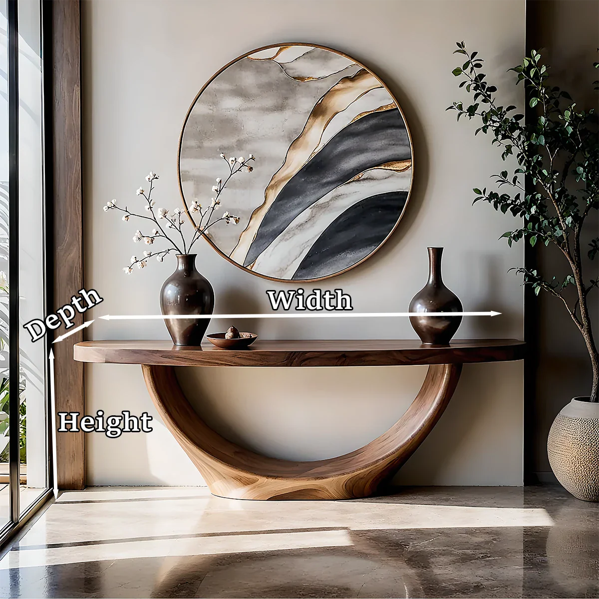 Sculptural Base Console Table Natural Solid Wood Entryway Loop Base - ArborisWood - 10