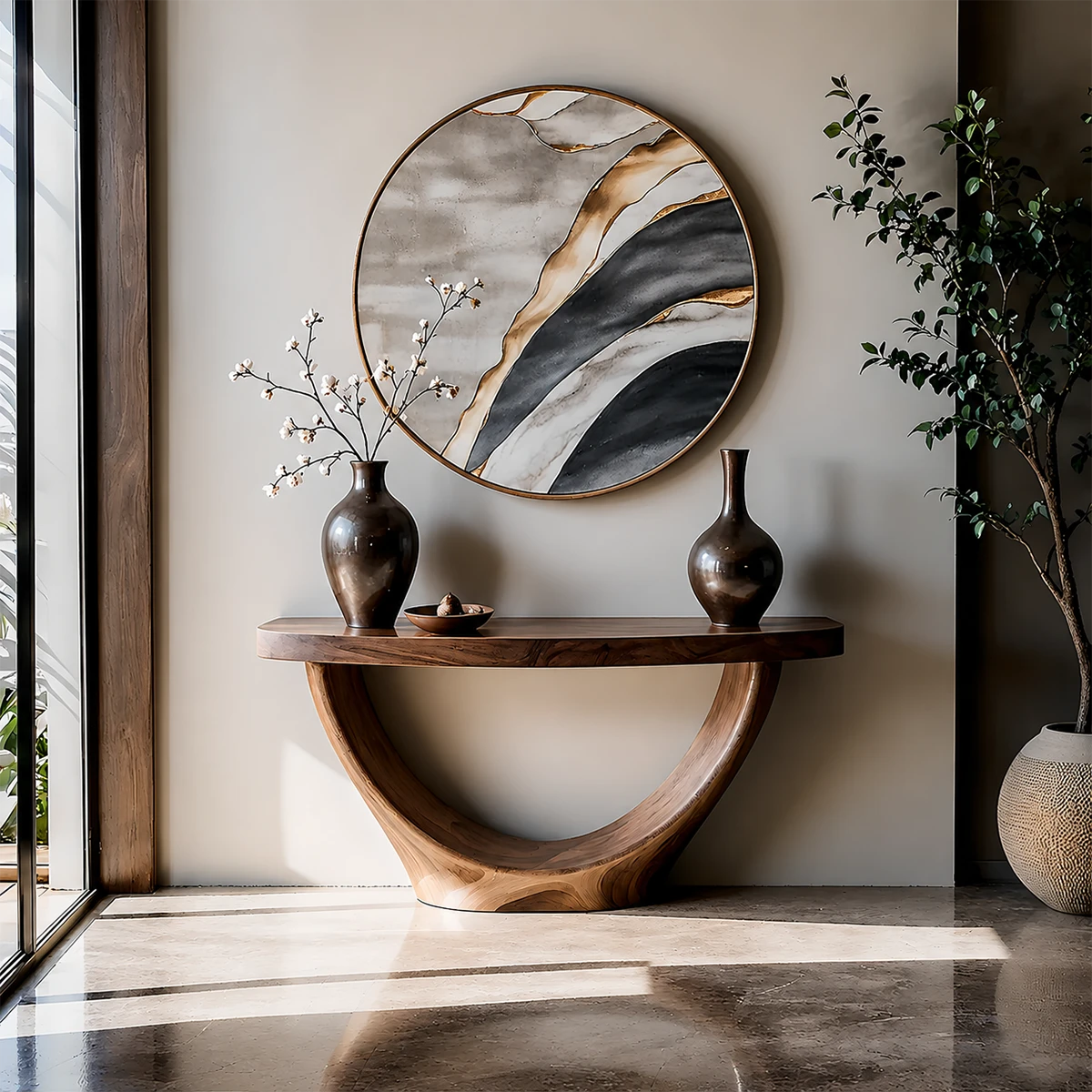 Sculptural Base Console Table Natural Solid Wood Entryway Loop Base - ArborisWood - 11
