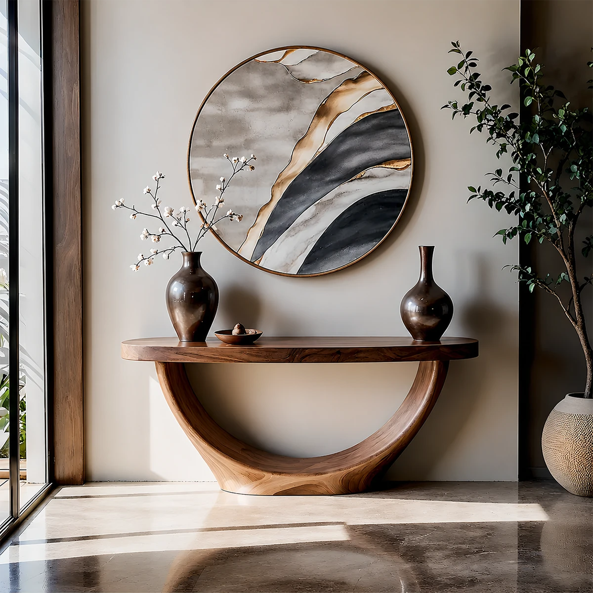 Sculptural Base Console Table Natural Solid Wood Entryway Loop Base - ArborisWood - 12