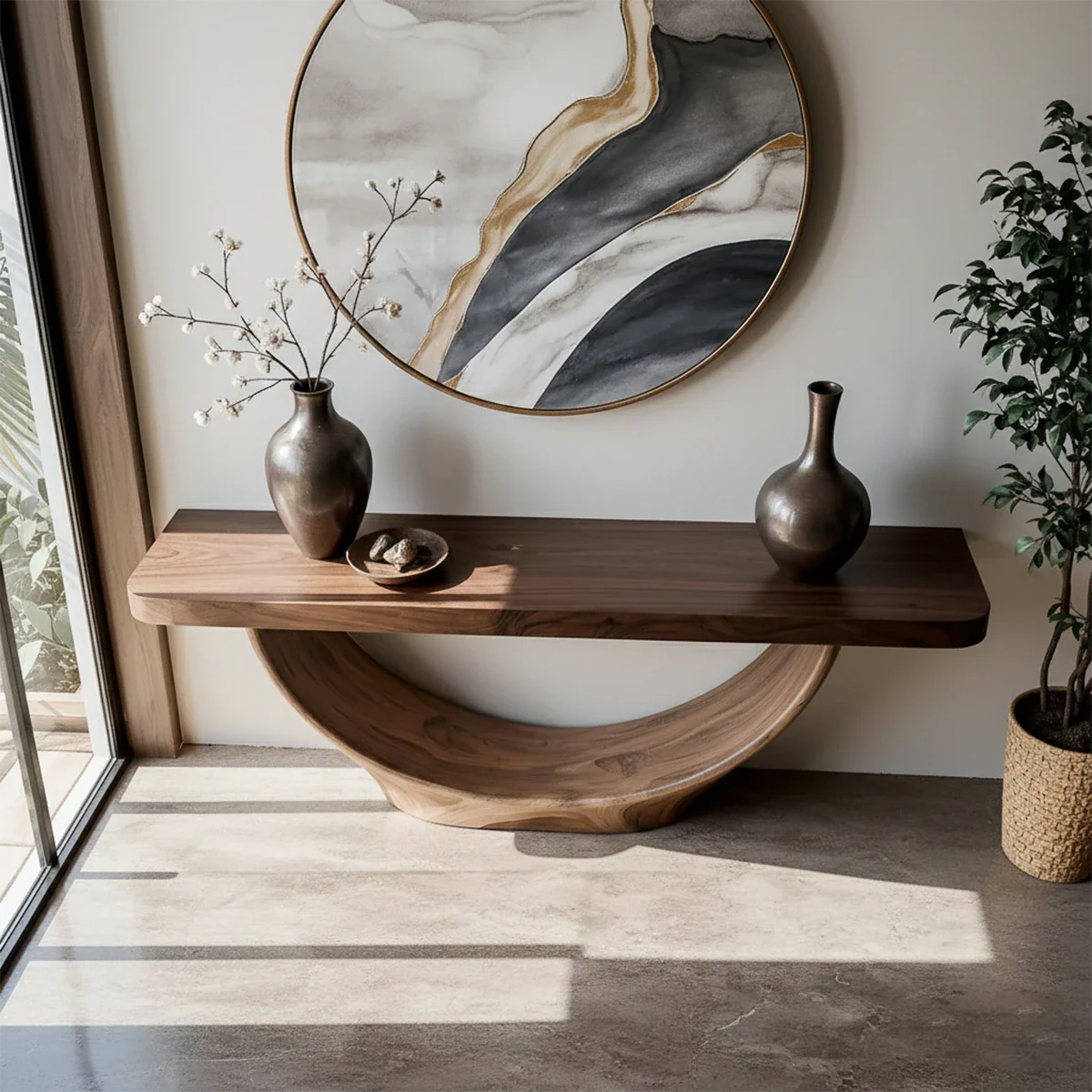 Sculptural Base Console Table Natural Solid Wood Entryway Loop Base - ArborisWood - 5