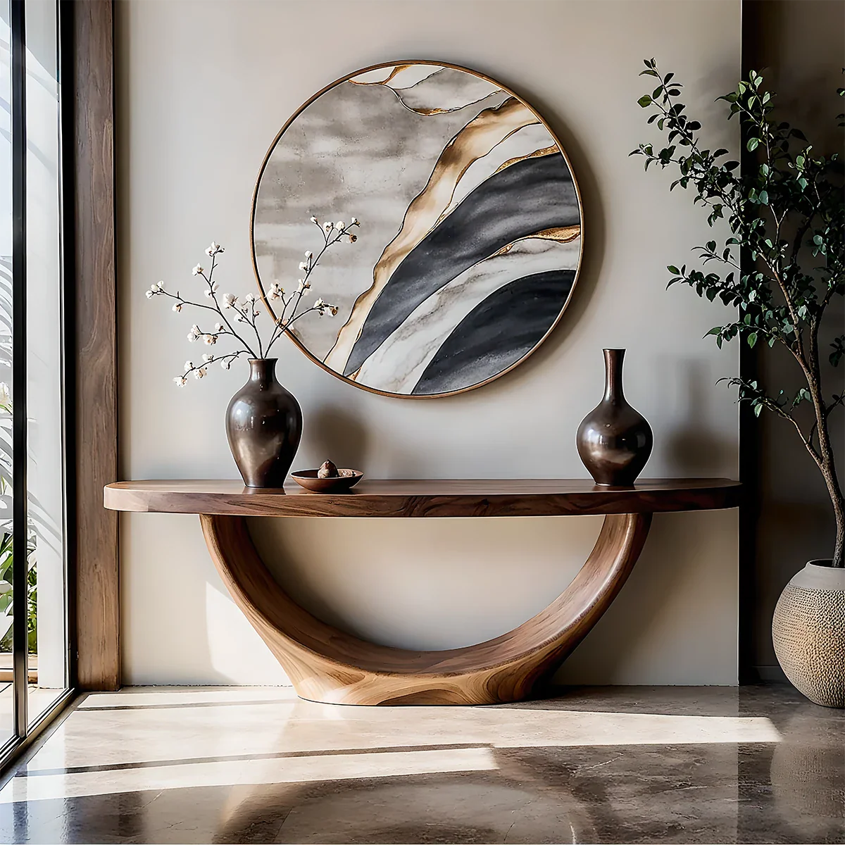 Sculptural Base Console Table Natural Solid Wood Entryway Loop Base - ArborisWood