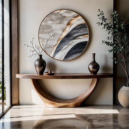 Sculptural Base Console Table Natural Solid Wood Entryway Loop Base - ArborisWood