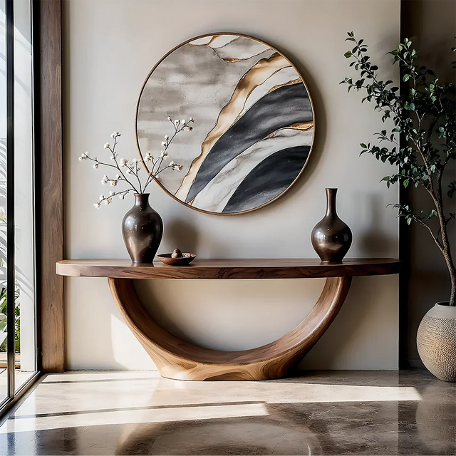 Sculptural Base Console Table Natural Solid Wood Entryway Loop Base - Arboriswood