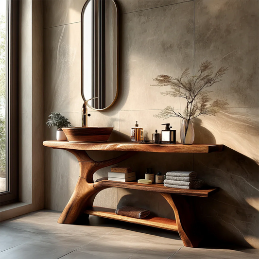 Modern bathroom with brown wood bathroom vanity and oval mirror.