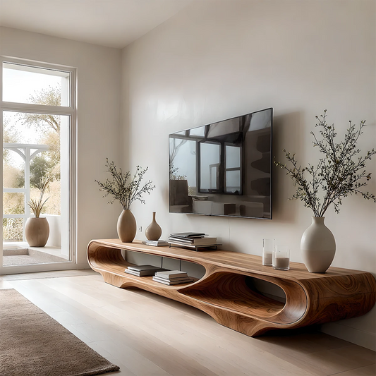 Caramel brown TV stand with curved open shelf design and organic grain detail in a modern room