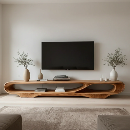 Caramel brown TV stand with seamless curved form and natural grain texture in a bright interior