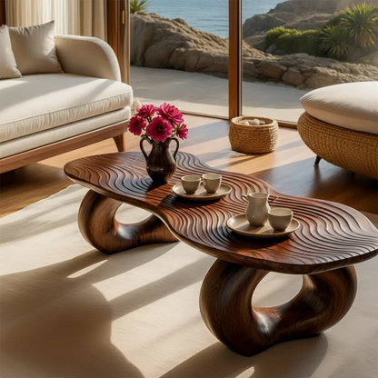 Sculptural Coffee Table with Carved Wood Surface – Artistic Center Table for Living Room - ArborisWood - 4