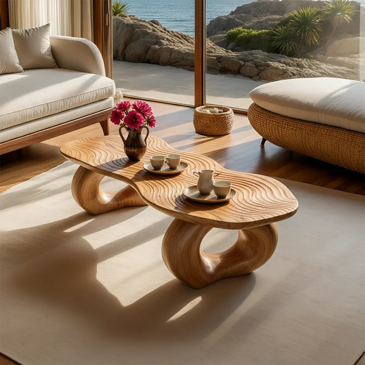 Sculptural Coffee Table with Carved Wood Surface – Artistic Center Table for Living Room - ArborisWood - 7