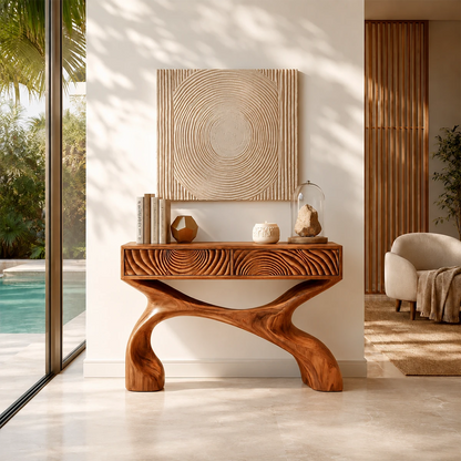 Contemporary console table showcases artistic storage and fluid base architecture