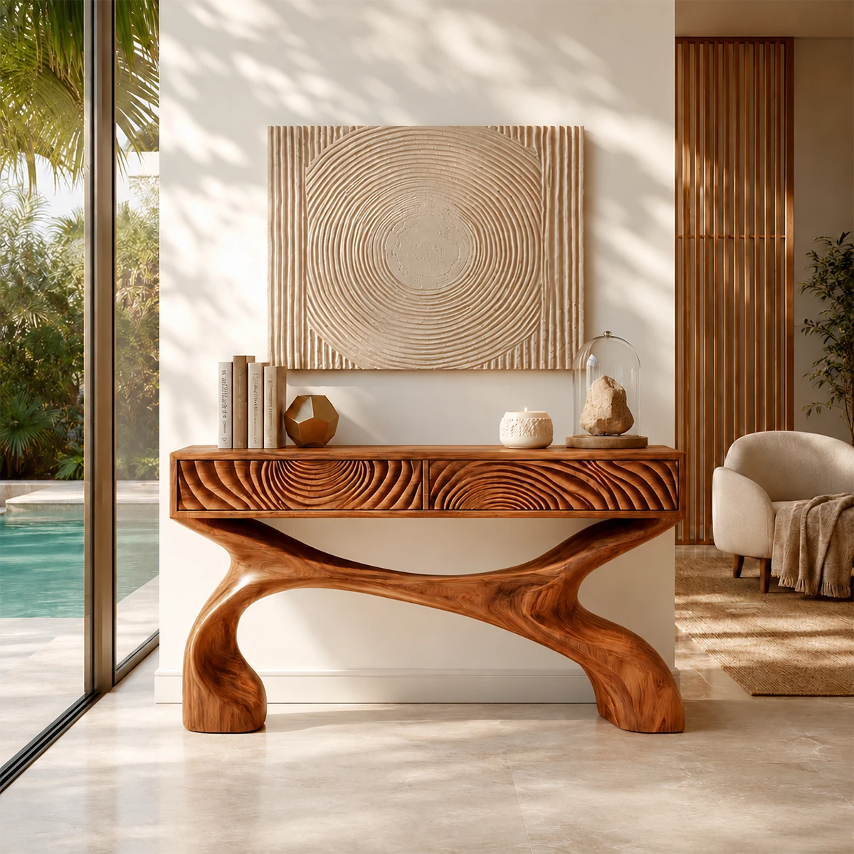 Minimalist console table with sculpted legs and dimensional drawers in airy interiors