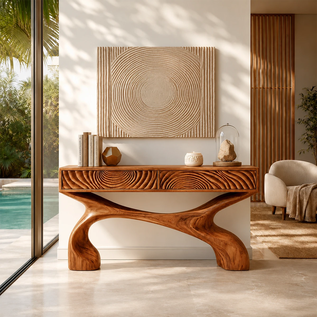 Wood tone console table with carved drawer fronts and an organic architectural base