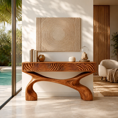 Wood tone console table with carved drawer fronts and an organic architectural base