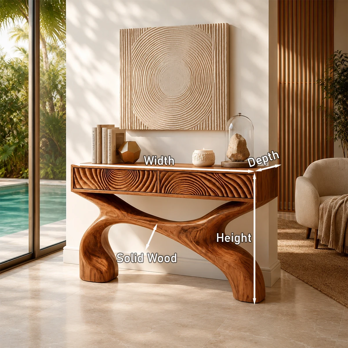 Luxury foyer table with flowing pedestal base and textured drawers for decor display