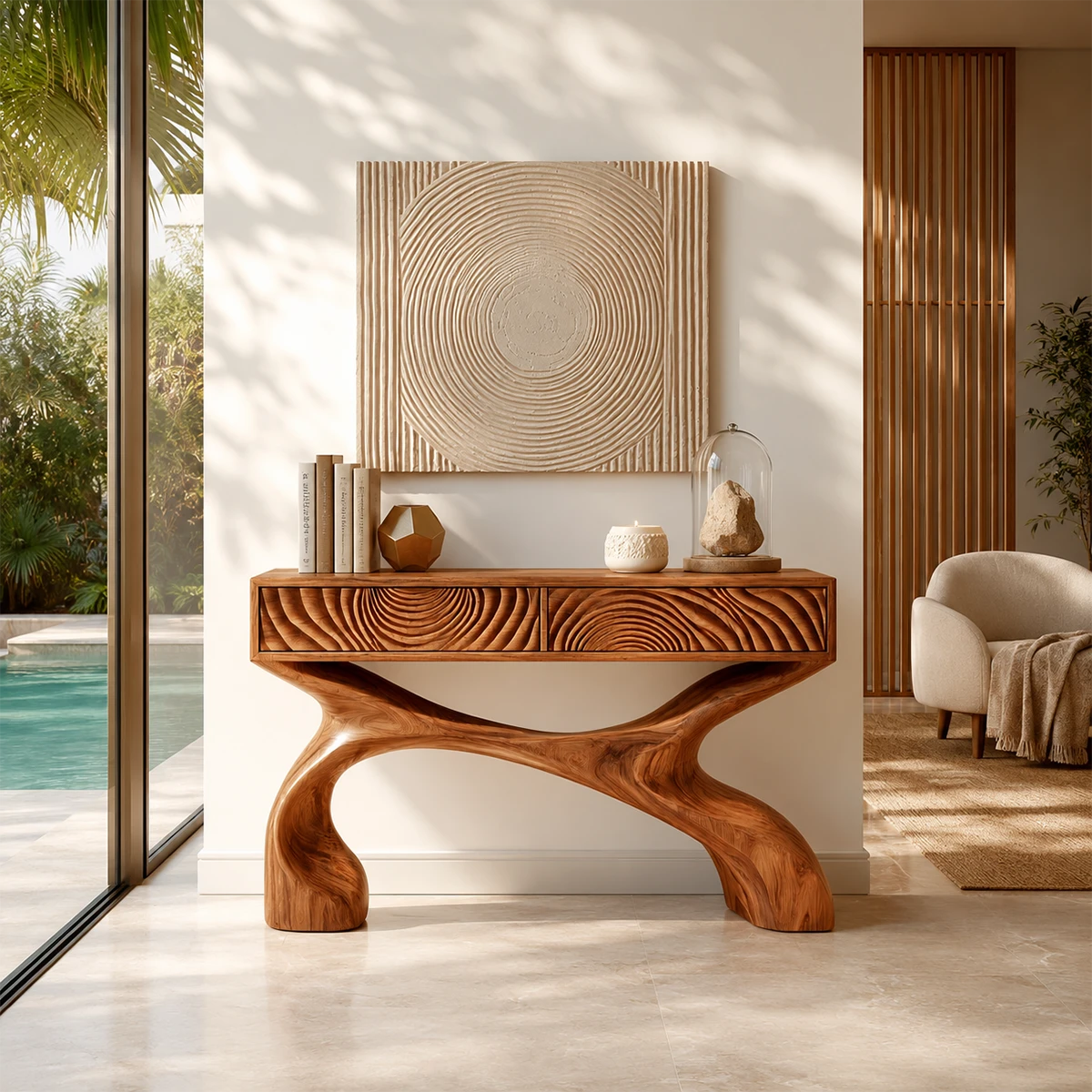 Sculptural console table with carved drawers and flowing base in a bright entryway