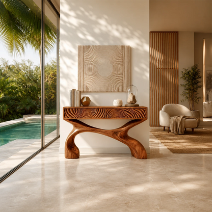 Organic modern console table with artistic drawer fronts and bold curved supports
