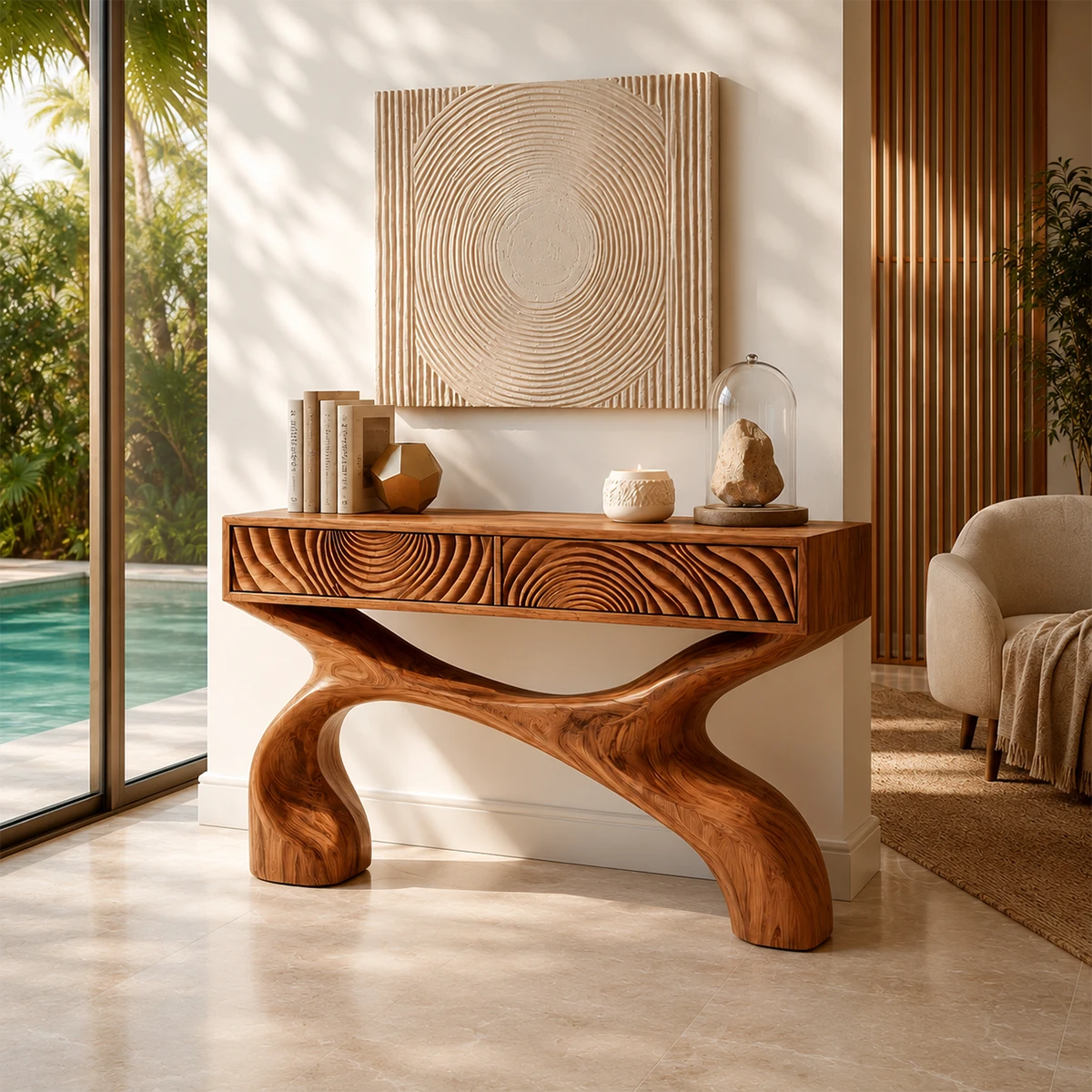 Entryway console table featuring textured storage drawers and a sculpted open base