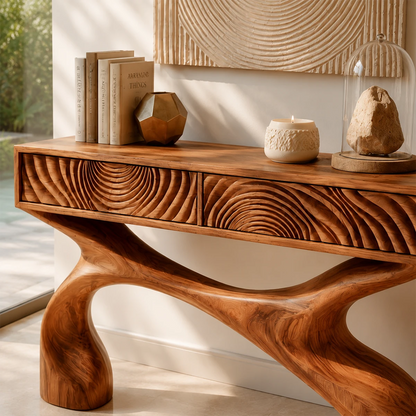 Designer hallway table with carved drawer detail and dramatic organic leg structure
