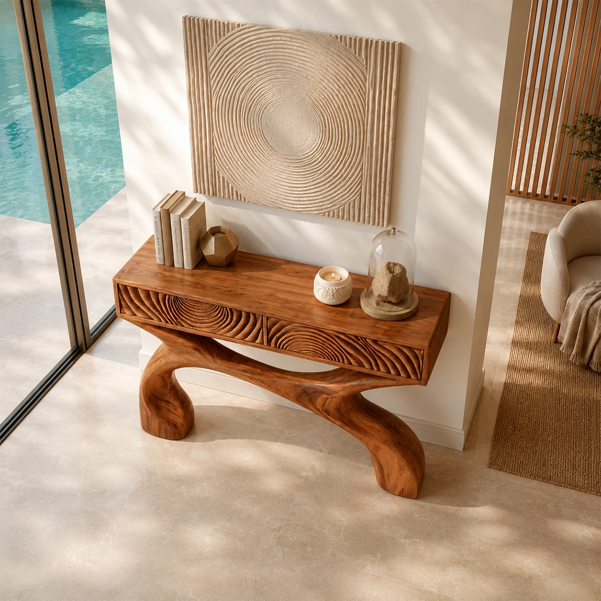 Narrow console table with two drawers and a statement base for refined foyer styling