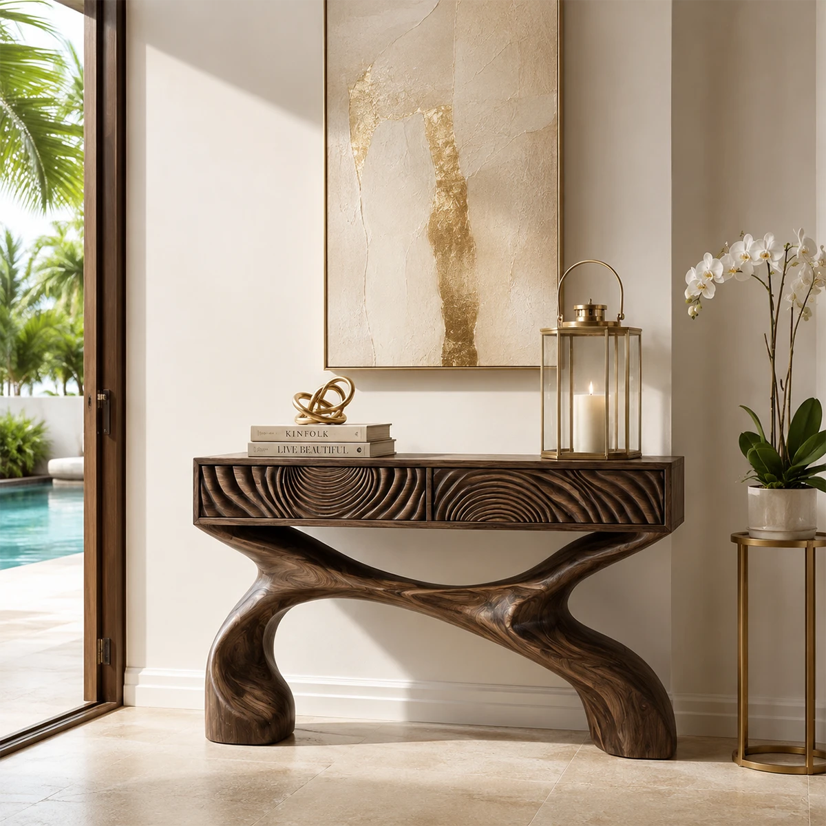 Modern accent console with curved base lines and practical drawer storage for decor
