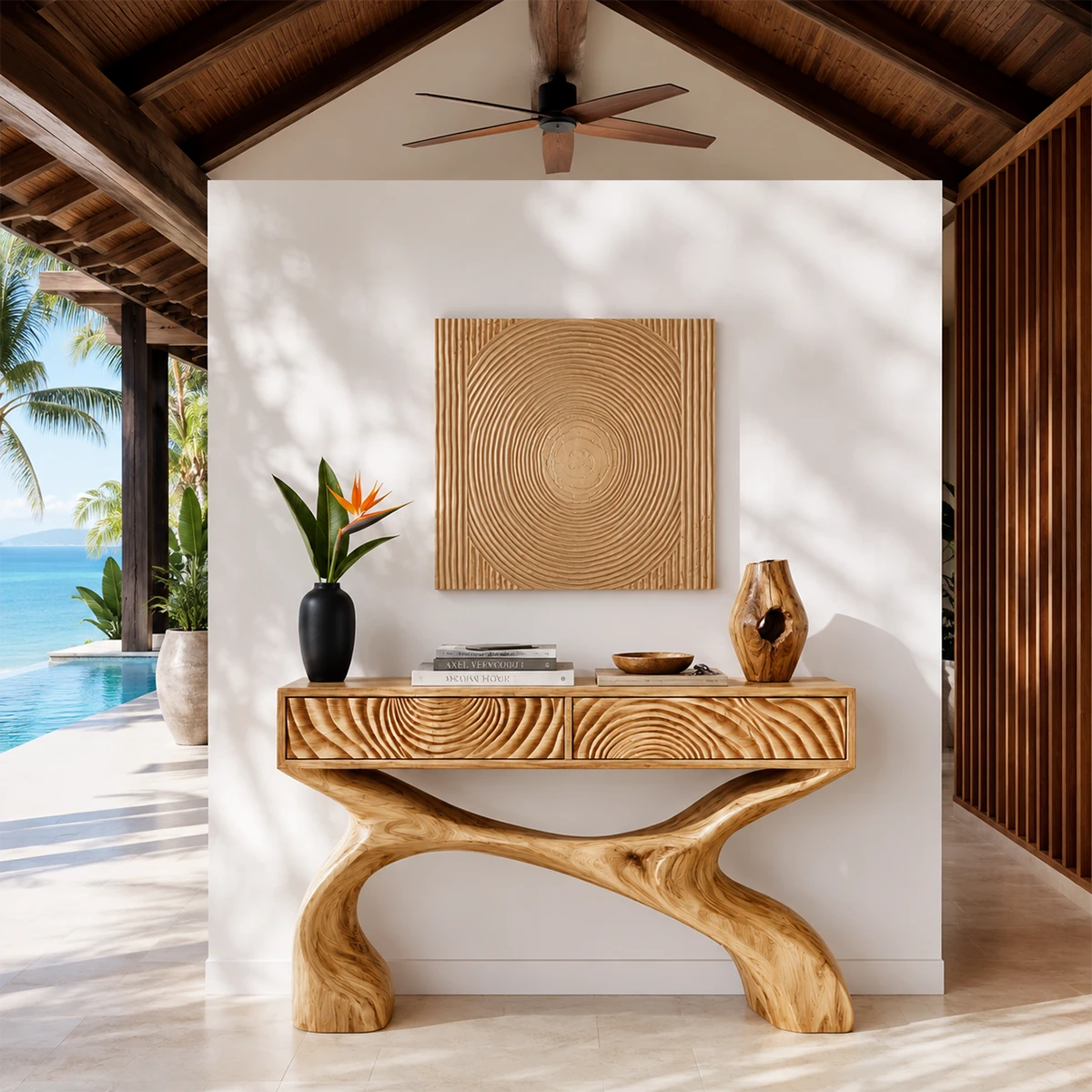 Curved console table with carved fronts styled in a sunlit luxury living room space