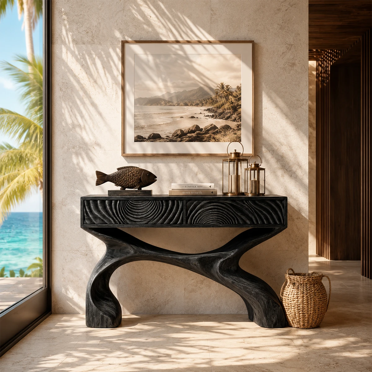 Statement console table combines sculptural form and drawer storage with warm finish
