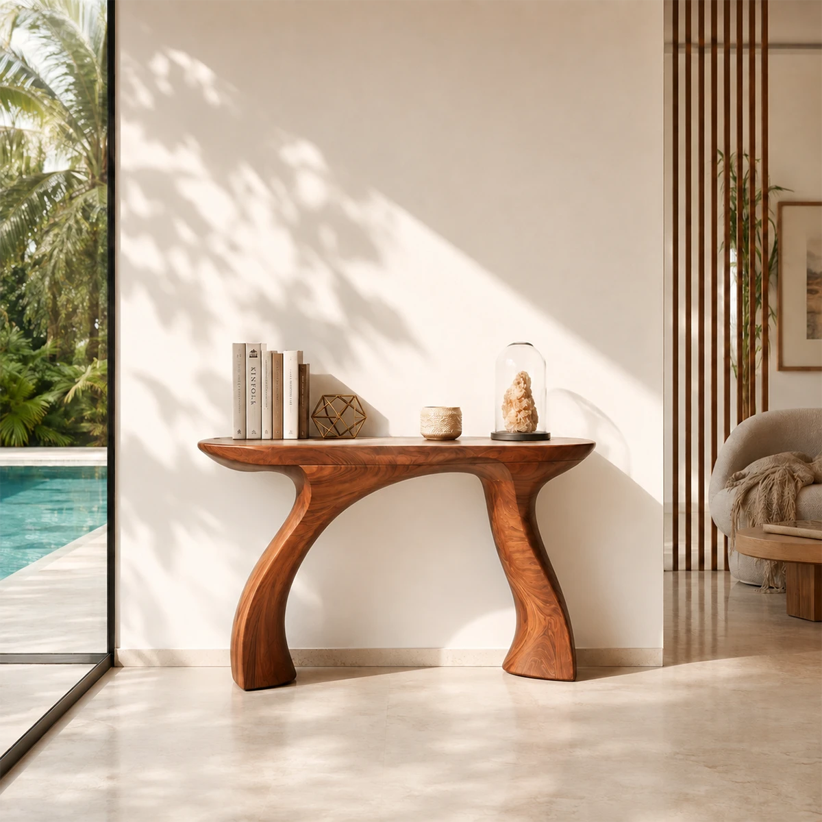 Luxury foyer table with sculptural supports and a broad top for decor styling indoors