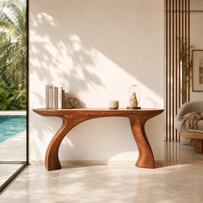 Minimalist console table with an artistic base and warm finish in airy home spaces