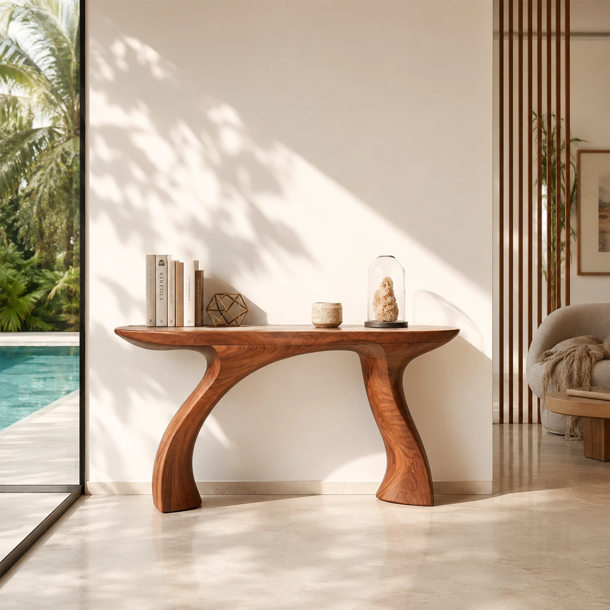 Sculptural console table with flowing base in a bright modern entryway interior space